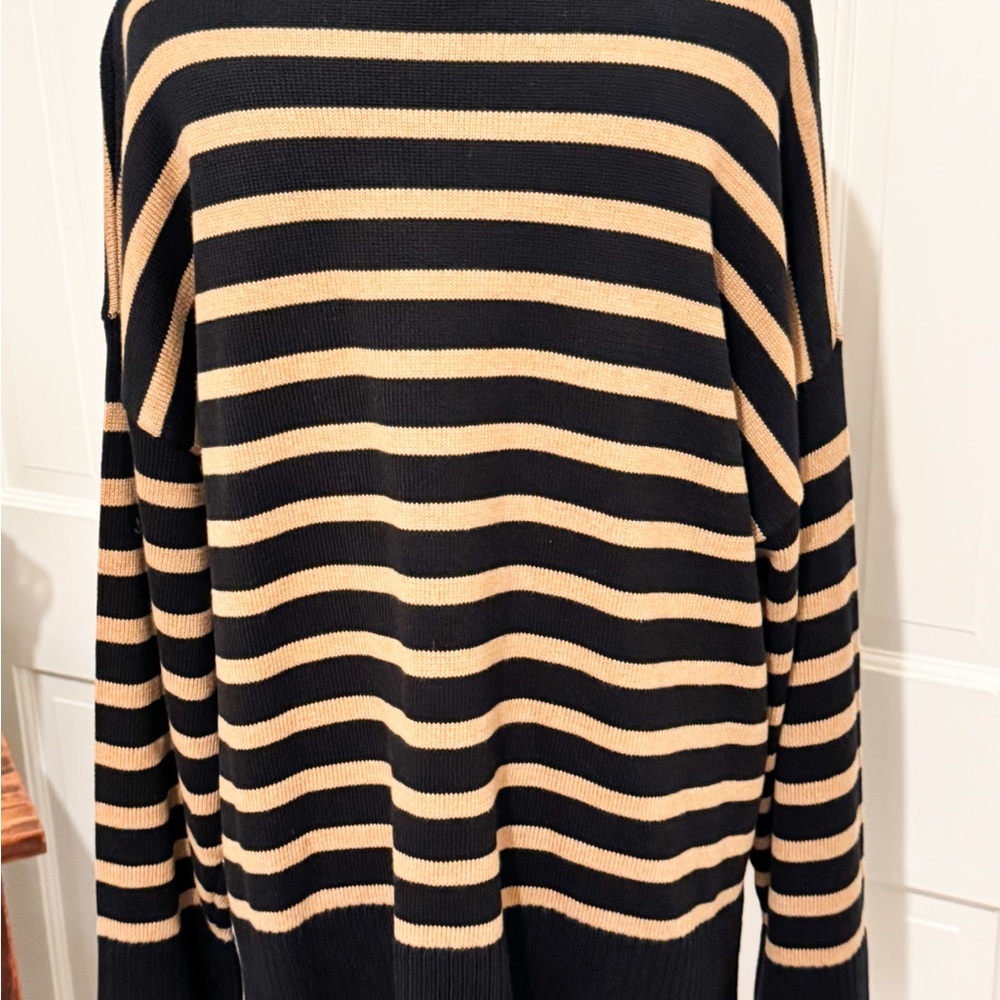 J. Crew Preppy Oversized Striped Black and Tan Sweater Cotton Sz L NWT - Picture 3 of 9